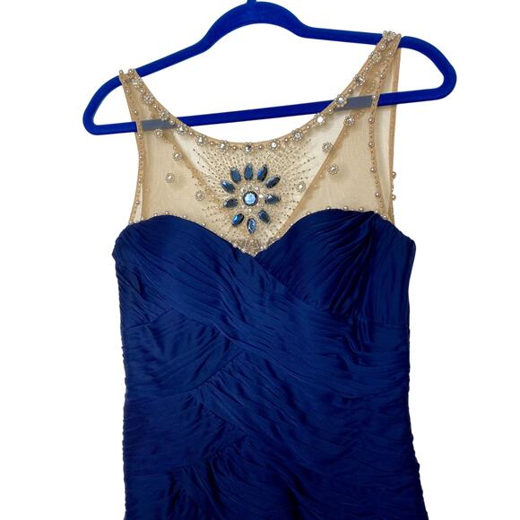 Caché Navy Tiered Bodycon with Jewels Pearls Mesh Evening Gown Mini Dress Size 6 - Picture 2 of 11